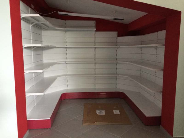 Modulo aggiuntivo scaffale verniciato in metallo ad angolo per arredo negozi di cm. 70x70x300h