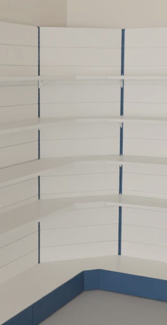 Modulo aggiuntivo per scaffalatura metallica ad angolo per arredo negozi di cm. 70x70x200h