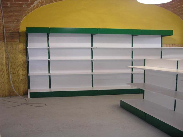 Modulo aggiuntivo di scaffalatura in metallo verniciato ad angolo di cm. 70x70x250h