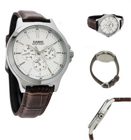 Orologio CAsio per uomo, MTP-V300L-7A, cinturino in pelle marrone, cronografo, movimento al quarzo, quadrante argento