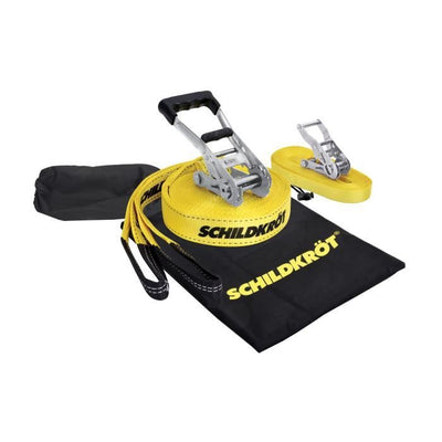 Slackline - SCHILDKROT - 15 m di lunghezza x 5 cm di larghezza - Cricchetto in metallo - Cinghia di allenamento inclusa - Max 150 kg