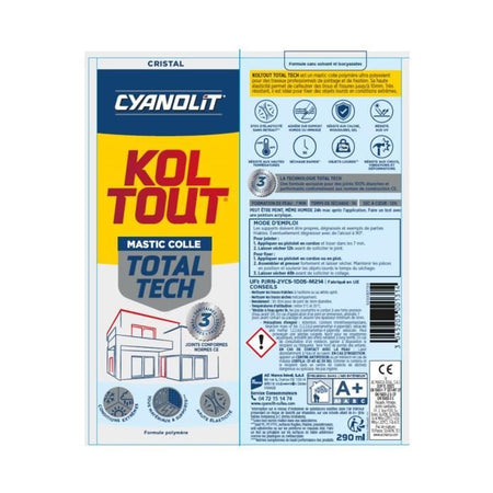 Adesivo di fissaggio e sigillatura - CYANOLIT - Total tech - Crystal - Cartuccia da 290 ml - Trasparente - Multimateriale e flessibile