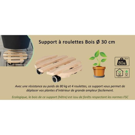Supporto EDA su ruote  30 cm in legno - 4 ruote - 30 x 30 x H.8 cm
