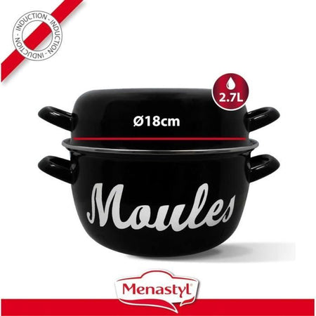 Pentola per cozze - MENASTYL - 3645563 - Acciaio smaltato - Nero - 18 cm - Con scritta - Tutti i piani cottura, inclusa induzione