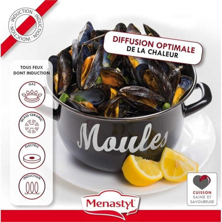 Pentola per cozze - MENASTYL - 3645564 - Acciaio smaltato - Nero - 24 cm - Con scritta - Tutti i piani cottura, inclusa induzione
