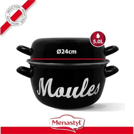 Pentola per cozze - MENASTYL - 3645564 - Acciaio smaltato - Nero - 24 cm - Con scritta - Tutti i piani cottura, inclusa induzione