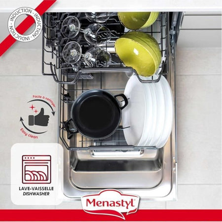 Pentola per cozze - MENASTYL - 3645564 - Acciaio smaltato - Nero - 24 cm - Con scritta - Tutti i piani cottura, inclusa induzione