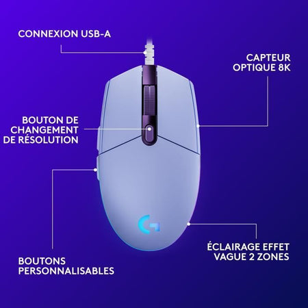 Mouse da gioco cablato - LOGITECH G - G203 - LIGHTSYNC - RGB - Colore lilla