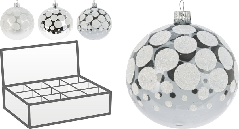 Palline per albero di Natale, in Vetro, con glitter a pois, Ø 80 mm, 12 pezzi