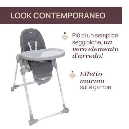 CHICCO Polly Armonia Seggiolone Evolutivo Pappa per Bambini da 0 Mesi a 40 kg, Seggiolone Reclinabile a Sdraietta con Altezza e Poggiapiedi Regolabili, 4 Ruote, Chiusura Compatta, grigio scuro, colore CARRARA