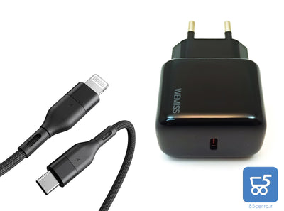 Alimentatore Caricatore Rapido USB-C Lightning 20W PD 3.0 + Cavo USB-C Lightning 1 Mt 27 W