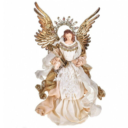 Angelo in tessuto per natività con Arpa Beige ed Oro presepe natalizio h 36 cm