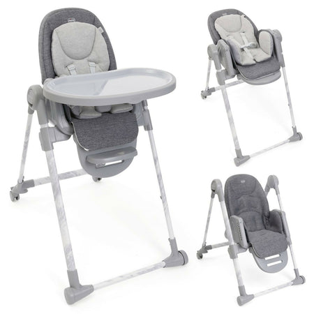 CHICCO Polly Armonia Seggiolone Evolutivo Pappa per Bambini da 0 Mesi a 40 kg, Seggiolone Reclinabile a Sdraietta con Altezza e Poggiapiedi Regolabili, 4 Ruote, Chiusura Compatta, grigio scuro, colore CARRARA