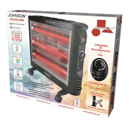 Stufa al Quarzo Ventilata Potenza 400-1200W 3 Modalità di Riscaldamento Ventola Spegnimento Automatico Protezione Surriscaldamento