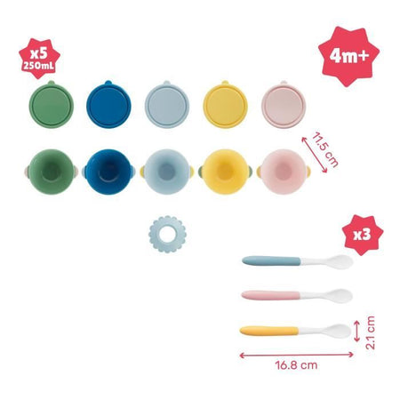 Badabulle Set di 5 ciotole antiscivolo 330ml e 3 cucchiai morbidi