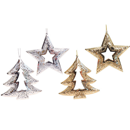 Pendaglio a forma di Albero e Stella traforata in metallo, decorazione natalizia per albero di natale