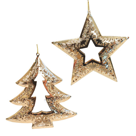 Pendaglio a forma di Albero e Stella traforata in metallo, decorazione natalizia per albero di natale