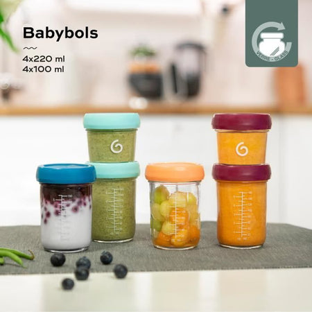 Babymoov Babybols - 8 barattoli in vetro da 120 e 240 ml - ermetici - Libretto di ricette biologiche incluso