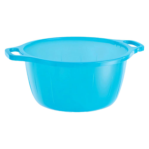 Bacinella bombata in plastica blu con due manici per uso casalingo