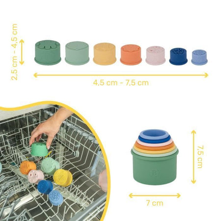 Badabulle Set di 7 tazze impilabili numerate - Giocattoli da bagno in morbido silicone