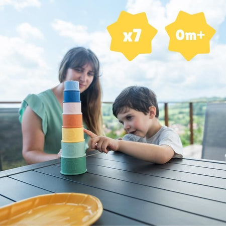 Badabulle Set di 7 tazze impilabili numerate - Giocattoli da bagno in morbido silicone