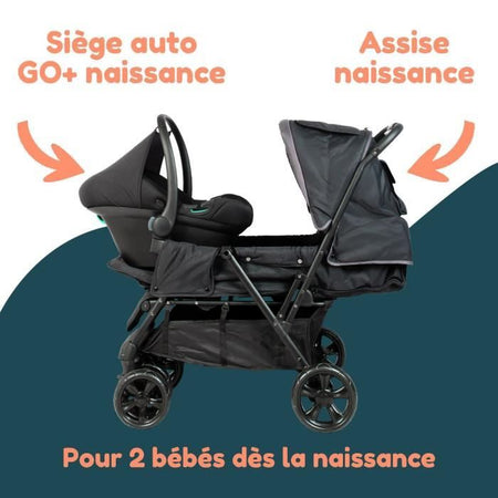 Passeggino doppio BAMBISOL - Completamente attrezzato - Parapioggia incluso - Facile da piegare