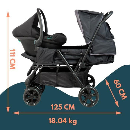 Passeggino doppio BAMBISOL - Completamente attrezzato - Parapioggia incluso - Facile da piegare