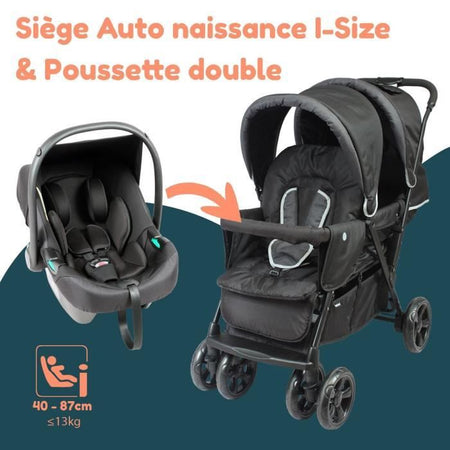Passeggino doppio BAMBISOL - Completamente attrezzato - Parapioggia incluso - Facile da piegare