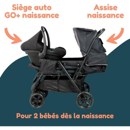 Passeggino gemellare doppio - BAMBISOL - Passeggino doppio combinato + Seggiolino auto I-size - 4 ruote - Nero