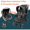 Passeggino gemellare doppio - BAMBISOL - Passeggino doppio combinato + Seggiolino auto I-size - 4 ruote - Nero