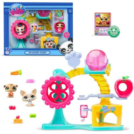 BANDAI - Littlest Pet Shop - Cofanetto Fun Factory - Playset con 2 animali, decorazioni e accessori - BF00519