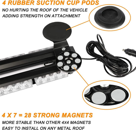 BARRA LED LAMPEGGIANTE STROBO GIALLO 56LED 12-24V BASE MAGNETICA EMERGENZA SOCCORSO 16 GIOCHI DI LUCE IN ALLUMINIO