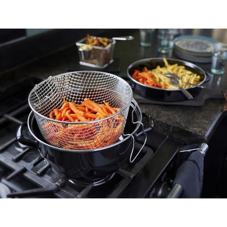 Friggitrice smaltata nera da 26 cm con cestello e coperchio in vetro