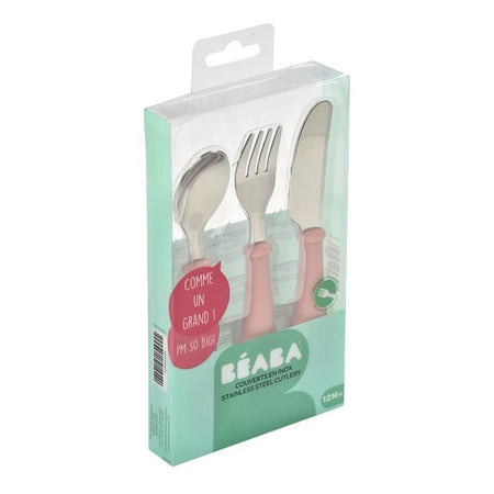 BEABA Set di 3 vecchie posate in acciaio rosa