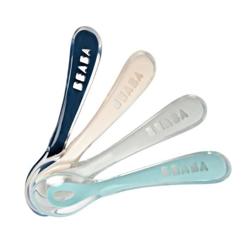 BEABA Lotto di 4 cucchiai di silicone della seconda età (blu scuro + rosa + nebbia leggera + verde arioso)
