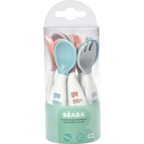 BEABA Set di 6 cucchiai ergonomici + 4 forchette (rosa antico + verde arioso + foschia chiara)