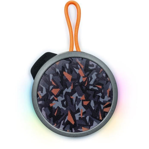 BIGBEN Party - Altoparlante Bluetooth rotondo con cinturino ed effetti luminosi - 15W - Mimetico grigio e arancione