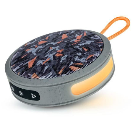 BIGBEN Party - Altoparlante Bluetooth rotondo con cinturino ed effetti luminosi - 15W - Mimetico grigio e arancione