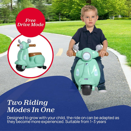 CHICCO Vespa - modello Bambini Primavera colore VERDE ACQUA, Moto Giocattolo Cavalcabile con Pannello Elettronico, Luci e Suoni, Ruote di Supporto Rimuovibili, Max 25 Kg - Giochi per Bambini 1-3 Anni
