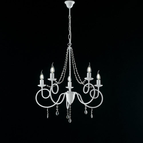 Lampadario Classico 5 Luci Ferro Bianco Shabby e Cristalli Serie Elegant