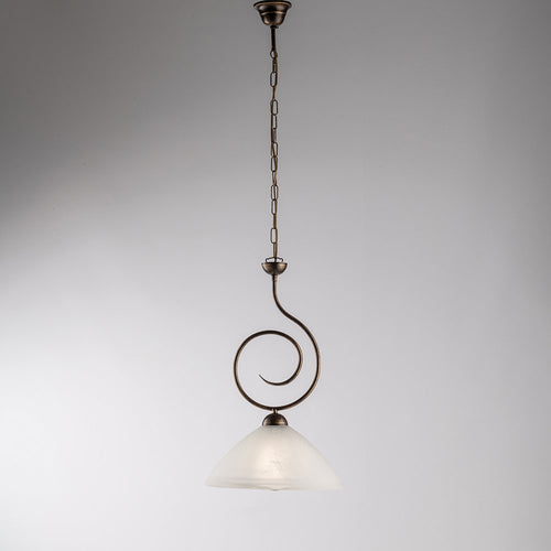 Sospensione Classica 1 Luce Ferro Battuto Marrone e Oro Vetro Bianco Serie Milly