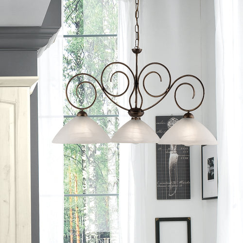 Lampadario Classico 3 Luci Ferro Battuto Marrone e Oro Vetro Bianco Serie Milly