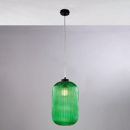 Sospensione 1 Luce Krizia In Ferro Nero E Vetro Verde Effetto Plisse'