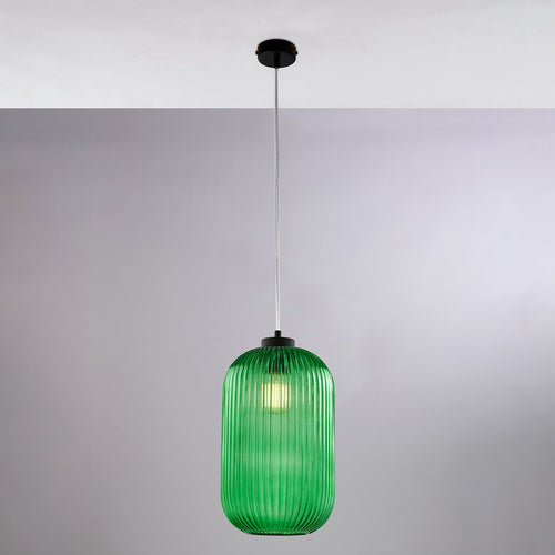 Sospensione 1 Luce Krizia In Ferro Nero E Vetro Verde Effetto Plisse'