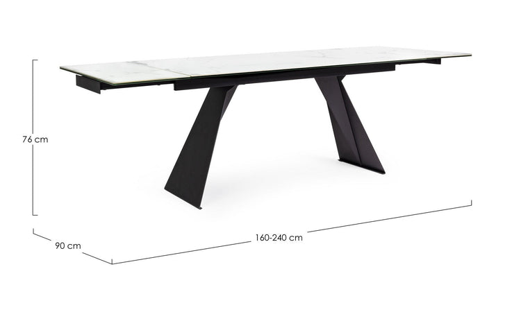 Tavolo allungabile Blazar con struttura in acciaio, piano in ceramica e supporto in vetro