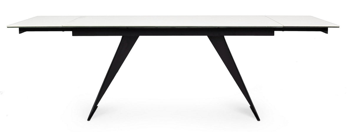 Tavolo allungabile Blazar con struttura in acciaio, piano in ceramica e supporto in vetro