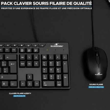 Pacchetto tastiera e mouse - BLUESTORK - MEDIA OFFICE - Cablato - Azerty - Compatibile con Windows - Nero