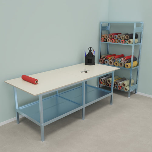 Banco per lavoro da magazzino in metallo e piano di legno cm. 240x100x93h