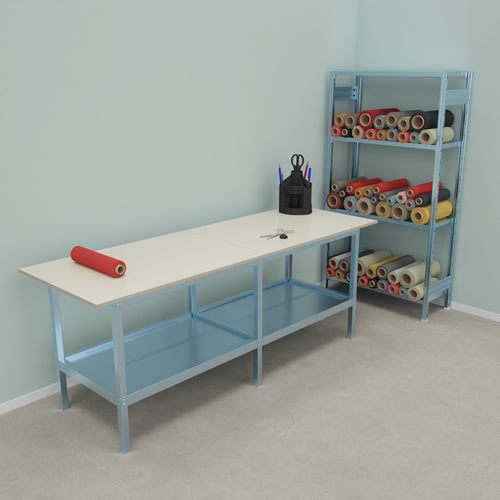 Banco lavoro in metallo e legno con accessori e piano inferiore metallico cm. 240x80x93h