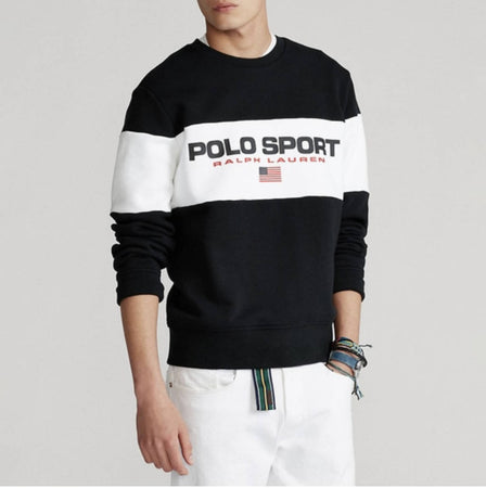 Ralph Lauren Felpa Uomo Polo Sport Usa Senza Cappuccio Girocollo Bianca E Nera Felpa Polsini E Bordo a Coste